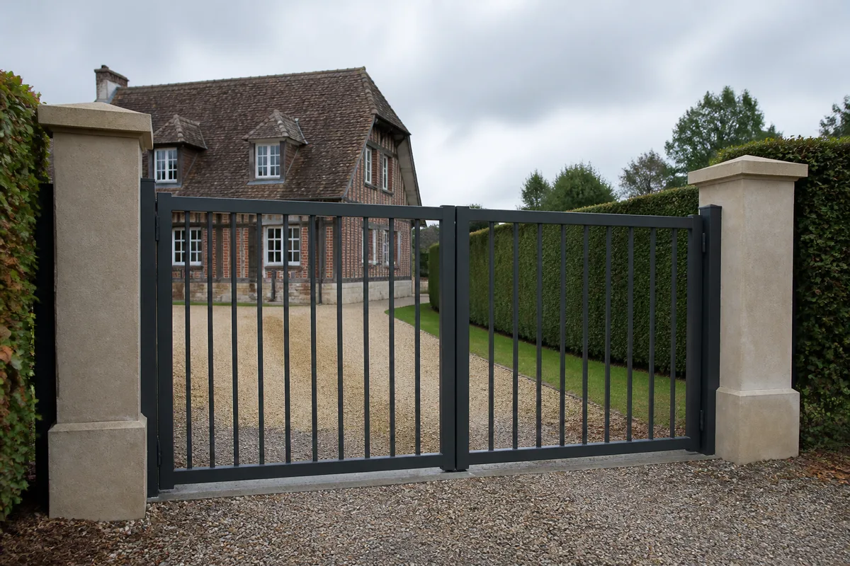 Portail en acier galvanisé thermolaqué gris anthracite fraîchement posé devant une maison normande en brique, journée couverte