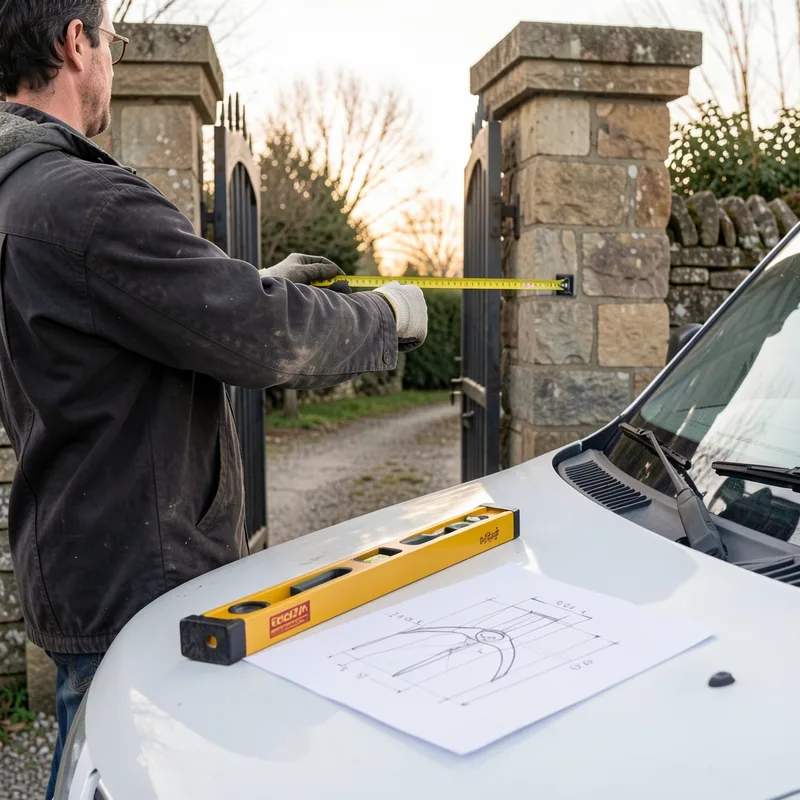 Métallier relevant au mètre ruban la largeur entre deux piliers de pierre d&rsquo;une entrée de propriété normande, croquis coté posé sur le capot d&rsquo;un utilitaire