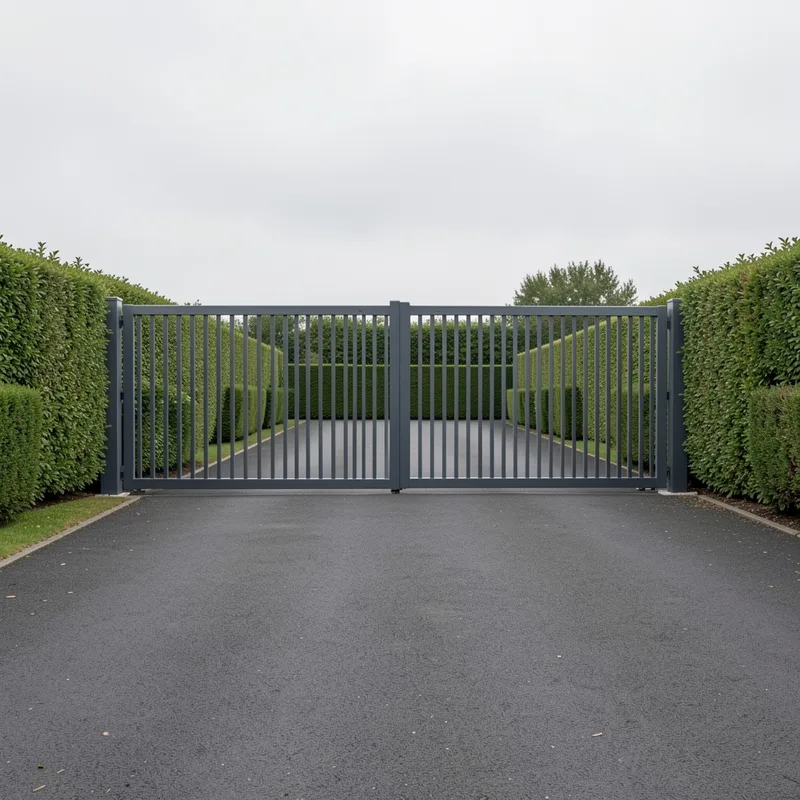 Portail coulissant autoportant en aluminium gris anthracite à barreaudage vertical, en position ouverte le long d&rsquo;une clôture, allée en enrobé et haie taillée