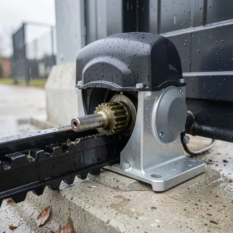 Détail d&rsquo;un moteur à crémaillère de portail coulissant fixé sur sa platine, capot ouvert montrant le pignon et la crémaillère crantée, gouttes de pluie sur le métal