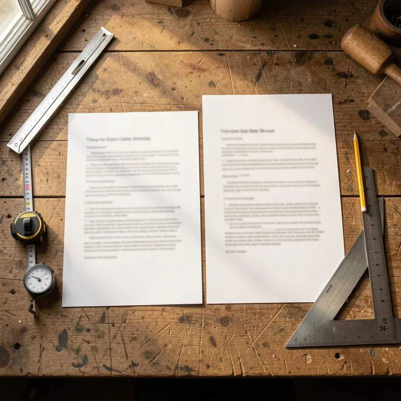 Deux devis de portail posés côte à côte sur une table en bois avec un mètre ruban et un crayon, lumière rasante d&rsquo;atelier