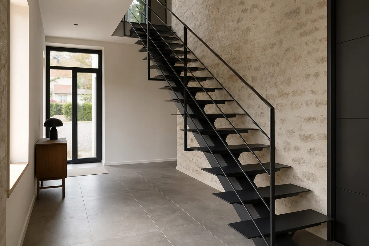 Escalier acier sur mesure posé dans une maison rénovée de l&rsquo;Eure, garde-corps à barreaudage fin et marches en tôle pliée