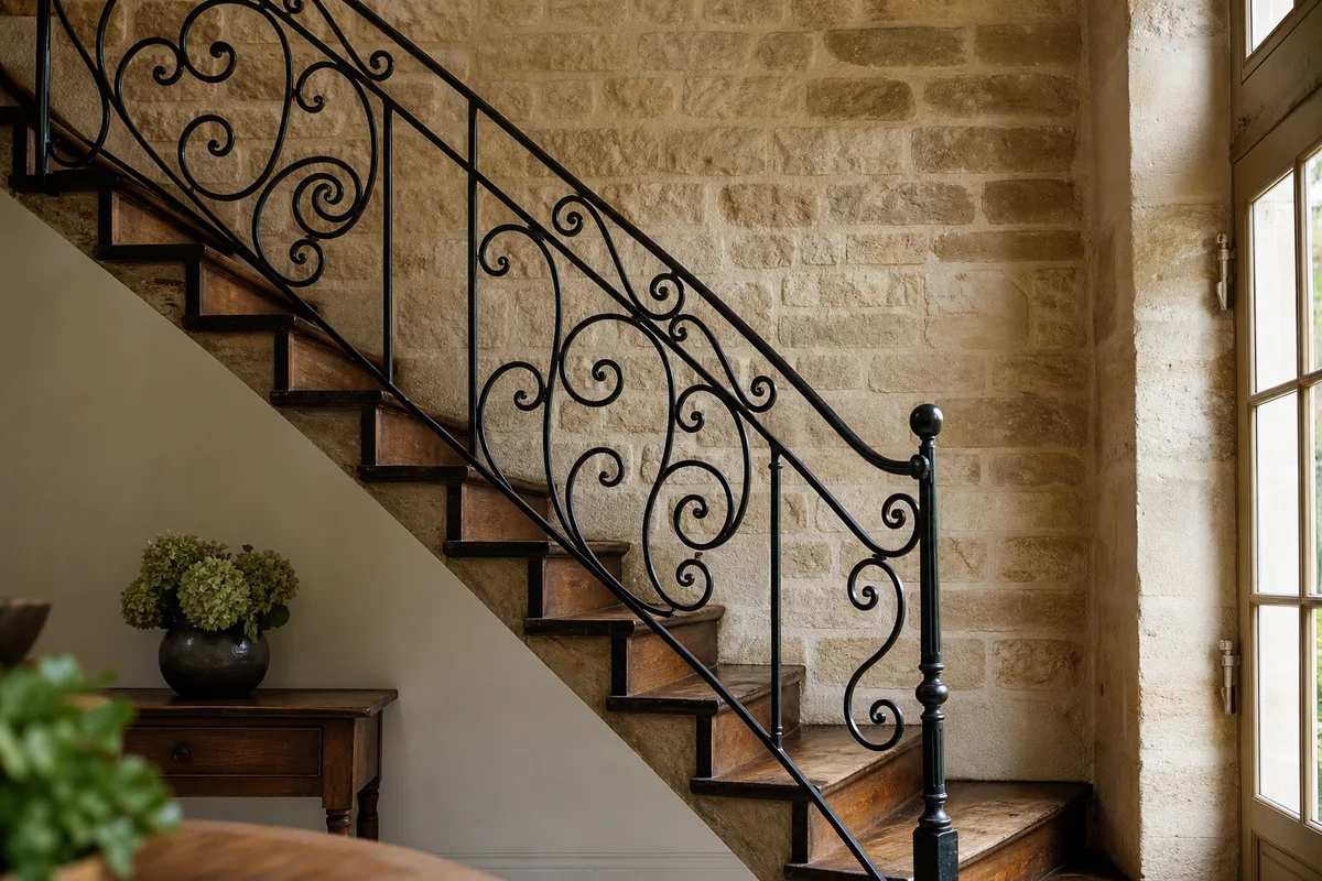 Rampe d&rsquo;escalier en fer forgé à volutes dans l&rsquo;entrée d&rsquo;une maison ancienne normande