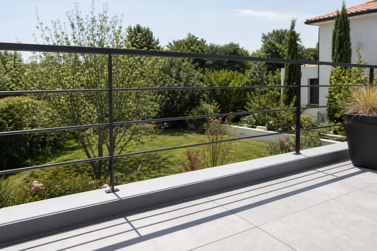 Garde-corps de terrasse en acier thermolaqué à barreaudage vertical avec main courante inox sur une maison de l&rsquo;Eure, lumière naturelle