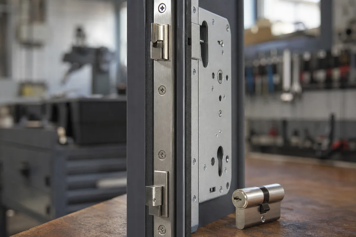 Serrure multipoint et cylindre de haute sécurité posés sur une porte blindée