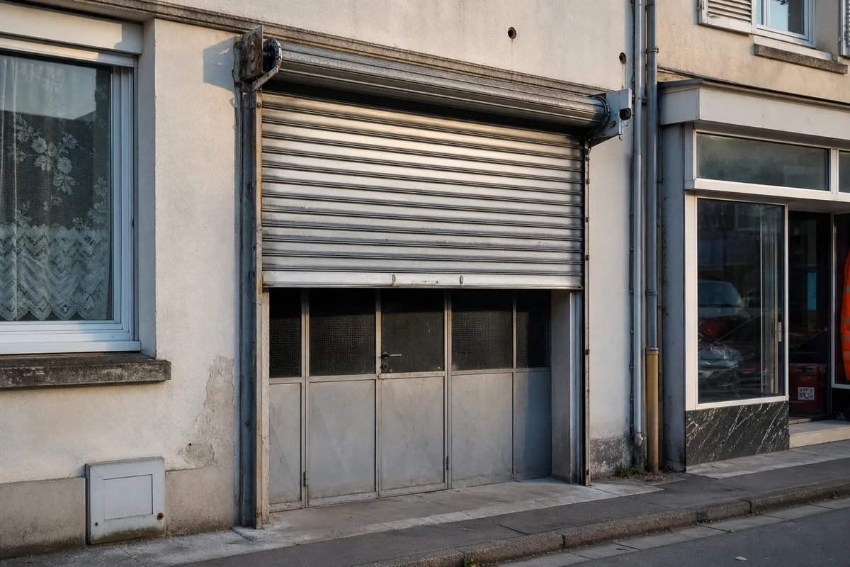 Rideau métallique et porte métallique d&rsquo;un local commercial en cours d&rsquo;intervention